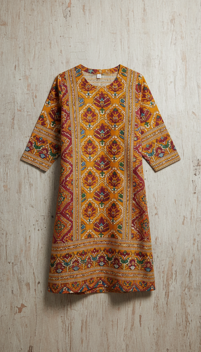 Saffron Block-Print Cotton Kurti