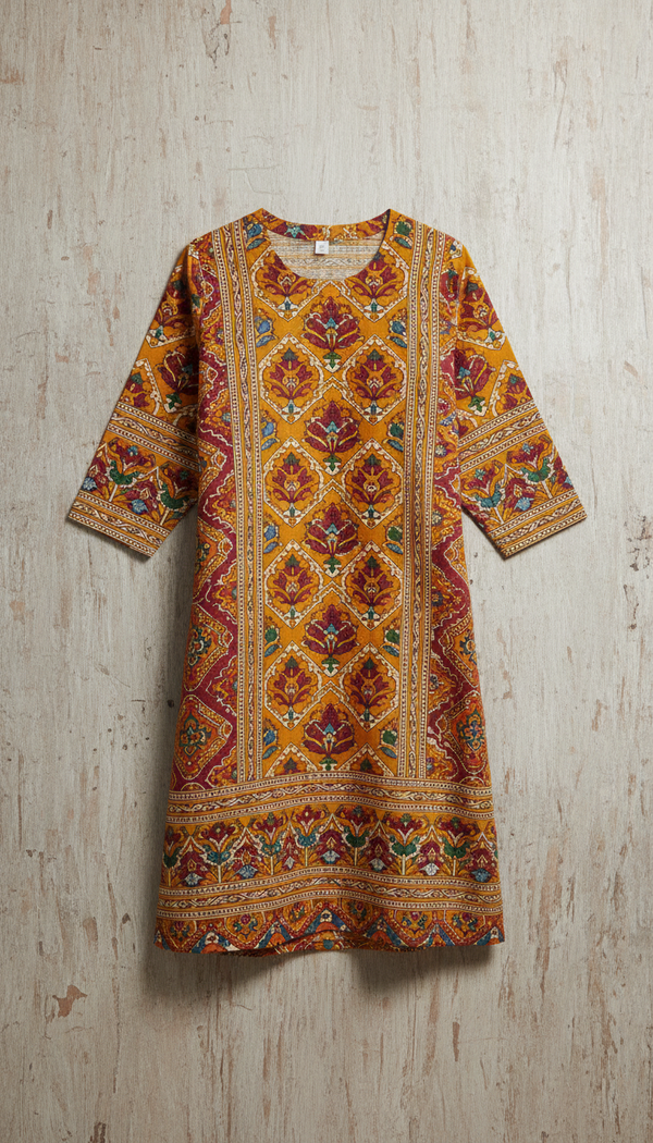 Saffron Block-Print Cotton Kurti